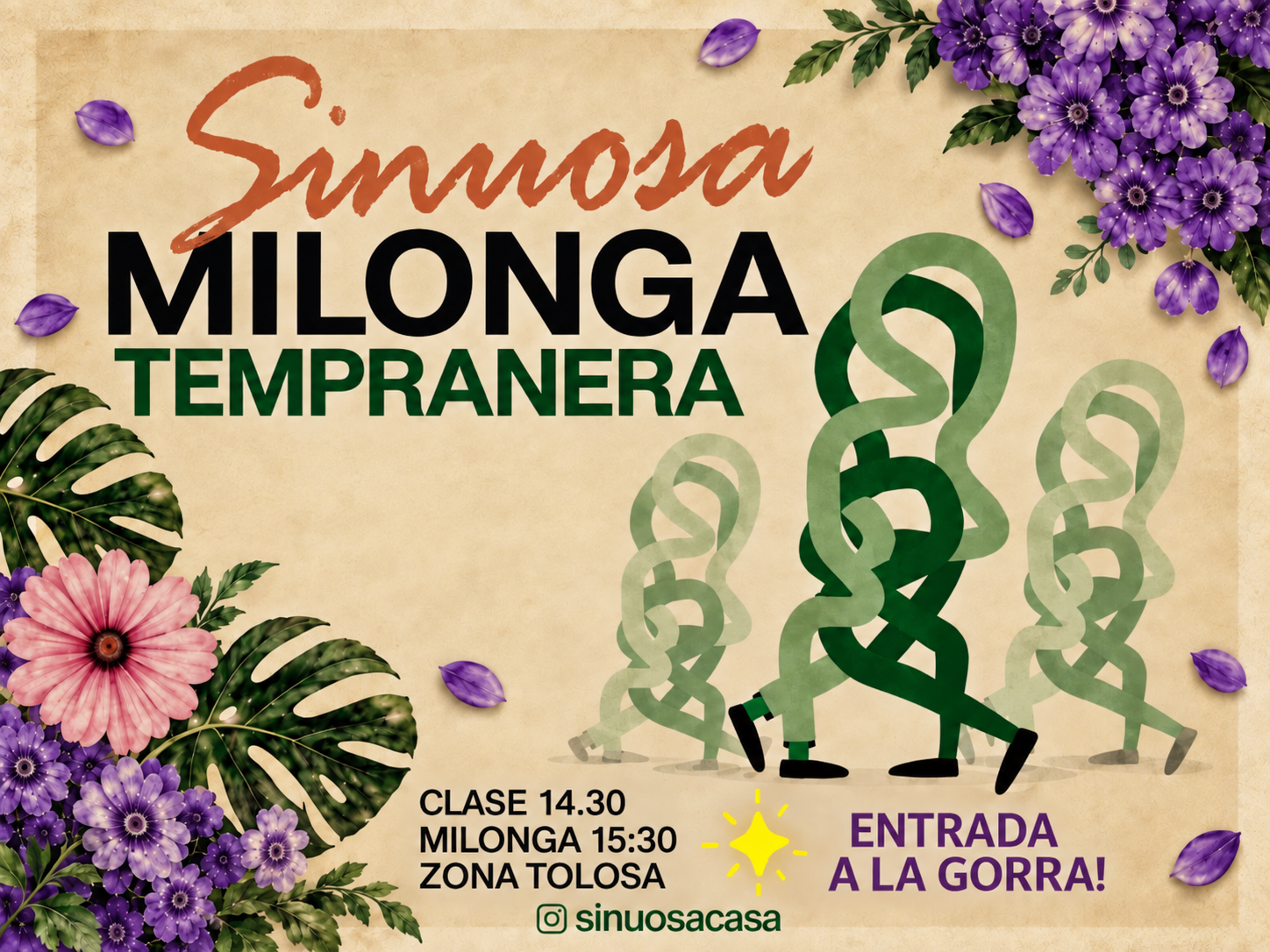Flyer de Sinuosa Milonga Tempranera en Tolosa, con clase y milonga y entrada a la gorra.