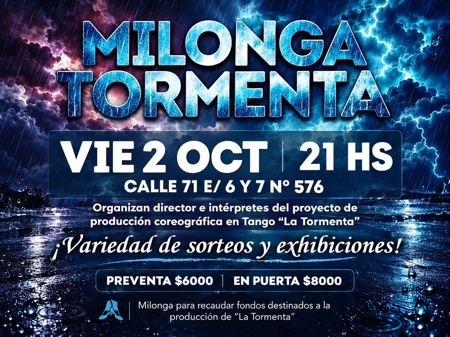 Flyer de Milonga Tormenta en La Plata, viernes 2 de octubre a las 21 hs, con exhibiciones y sorteos.